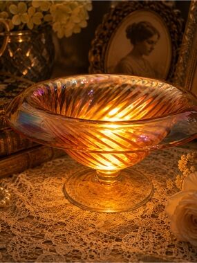 Vintage Marigold Carnival Glass Swirl Bowl Fairy Lamp